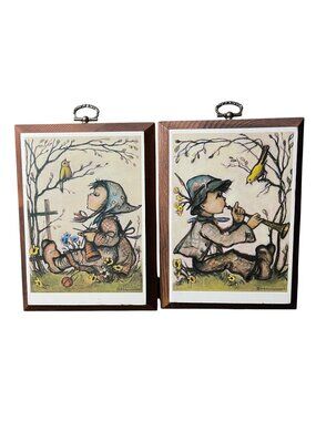 Vintage Hummel Prints Set 2 Framed Wood Plaques Boy Flute Girl Bird 1981 VGU